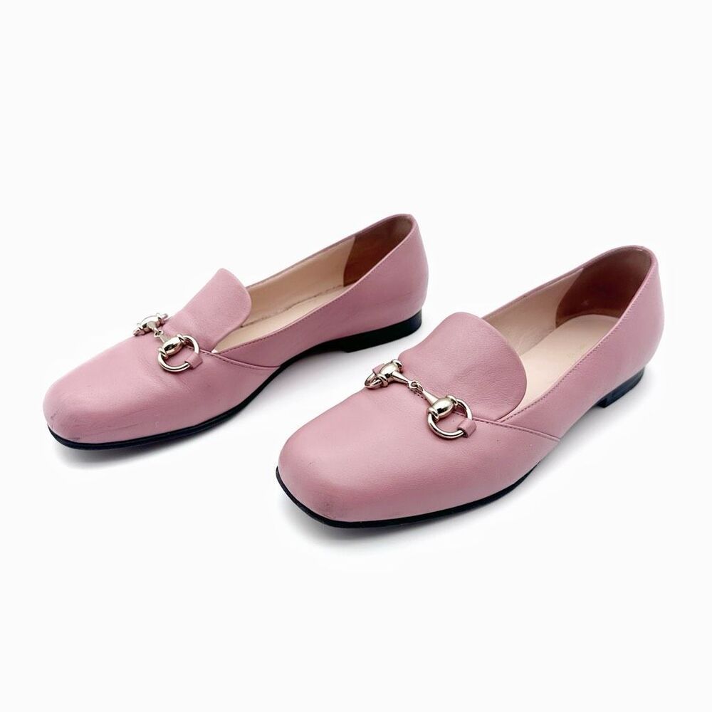 GUCCI Pink Kira Horsebit Square Toe Ballet Flat 37.5 US 7.5 Leather Loafers - Picture 1 of 12
